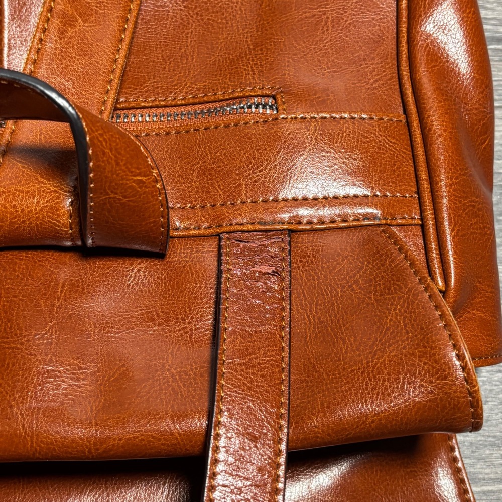 Iswee Cognac Brown Leather Laptop Backpack Unisex Flapover Satchel Bag 14 Inch - Picture 12 of 16